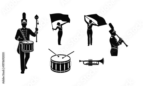 Marching band musicians with instruments, drum major and flags, vector illustration.