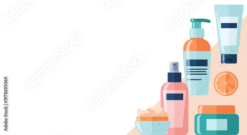 A flat vector illustration featuring a collection of skincare products and an orange slice on a clean, minimalist background.