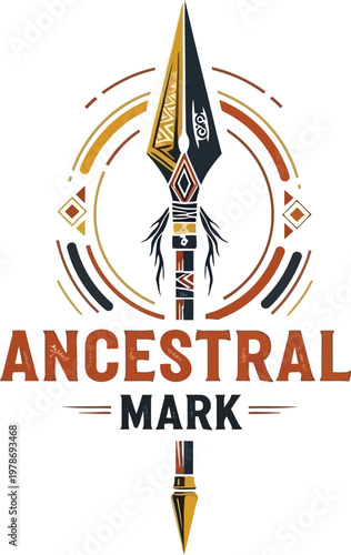 A logo design featuring an ancestral mark with a spear and circle pattern