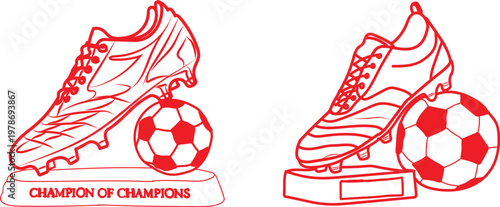 Detailed illustrations of two distinctive red monochromatic soccer trophy designs featuring realistic football cleats perched delicately atop spherical balls set against a clean white background suita