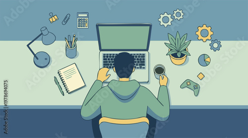 Overhead view of person working at desk with laptop, coffee, and office items