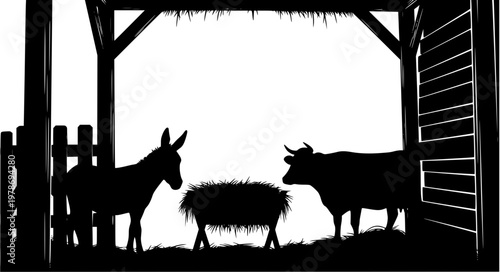 Bild auf Leinwand Nativity Stable Vector Icons – Manger Donkey Cow Silhouettes