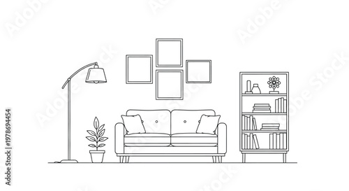 A minimalist line drawing depicts a living room with a sofa lamp and wall decor