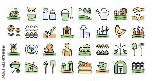Complete Agriculture and Livestock Icon Set: Color Flat Vectors for Web Design, Educational Content, and Farm Branding