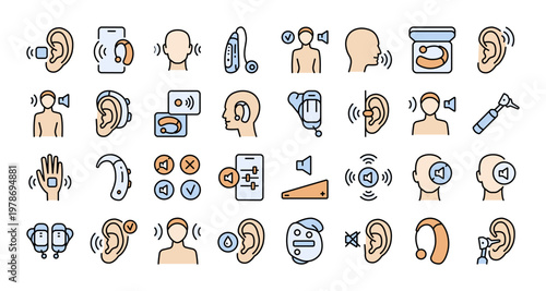 Hearing Instrument and Auditory Health Icon Set: Color Flat Vectors for Audiology Clinics, Medical Catalogs, and Hearing Care Apps