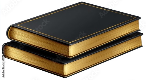 Two stacked, hardbound books with black covers and gilded pages