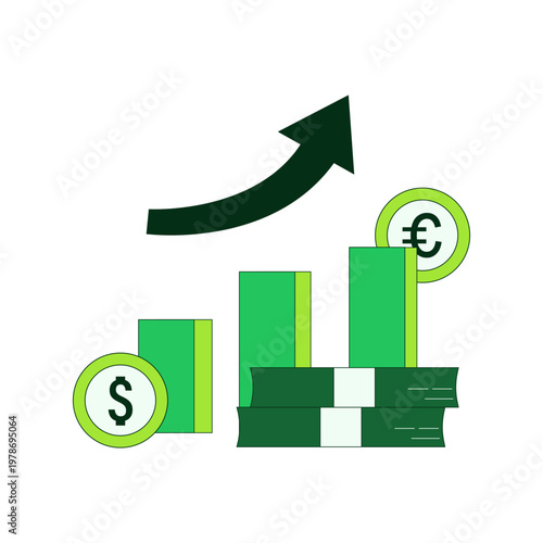 The dollar and euro currencies are rising with an upward arrow. Suitable for use in applications, the web and others.