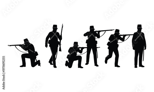 19th Century Infantry Soldier Silhouettes with Rifles on White
