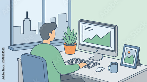 Man working on computer at desk in home office, city view from window