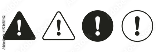 Hazard symbol in black and white with exclamation mark in different shapes, stroke style vector illustration, caution symbols set for warning, safety alerts, and risk communication in industrial and 