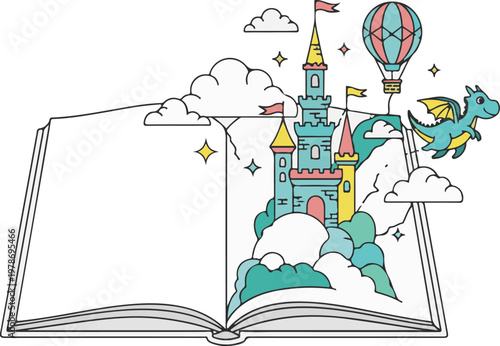 A whimsical illustration of a castle and dragon in a book