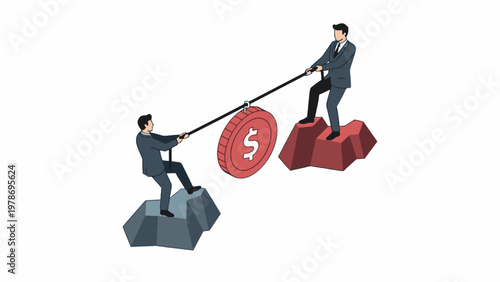 Businessmen pulling rope with large dollar coin in tug of war
