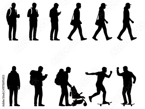People silhouettes collection walking standing and skateboarding
