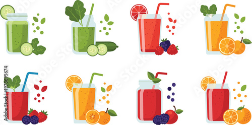 Collection of Fresh Fruit and Vegetable Smoothies with Glass Jars Citrus Berries Greens and Juices in Flat Vector Illustration Set for Healthy Lifestyle Design.