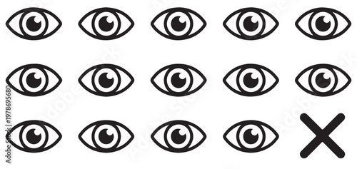 Set of eye icons and a cross symbol in black and white minimalist style