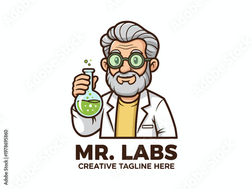 Scientist mascot holding chemistry flask logo design