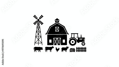 Farm silhouette set with barn windmill tractor and livestock