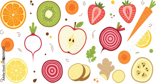 Colorful Fresh Fruits and Vegetables Slice Set with Citrus, Apple, Beetroot, Carrot, and Ginger Vector Illustration for Healthy Food and Nutrition Design.