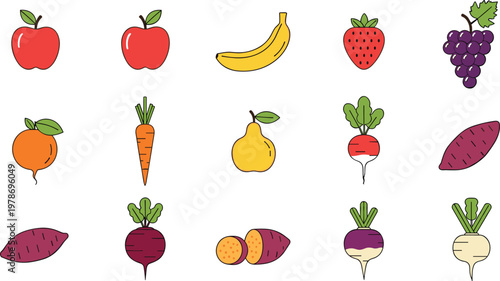 Colorful collection of hand drawn fruit and vegetable icons featuring assorted fresh produce for healthy food design projects.