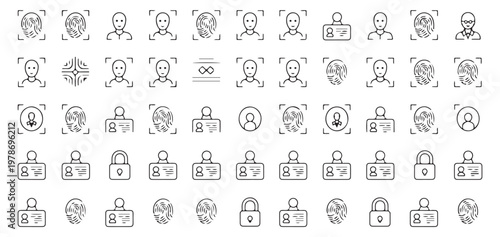 Biometric Security and Facial Recognition Thin Line Icon Set for Digital Identity and Access Control