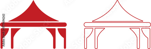 Event tent canopy pavilion icon set collection group in black red flat and line style vector illustration, camping shelter marquee gazebo awning symbol pack minimal outline design bundle