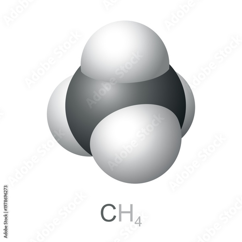 Methane molecule, CH4, space-filling model. Chemical compound of a carbon atom bonded to four hydrogen atoms. It is a group-14 hydride, the simplest alkane, and main constituent of natural gas. Vector