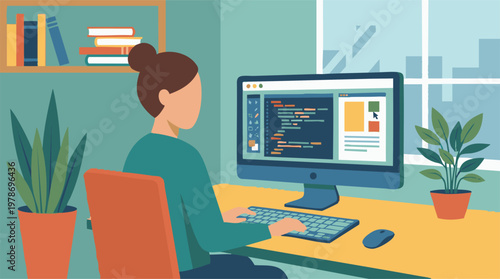 Female programmer working on computer with code and design interface