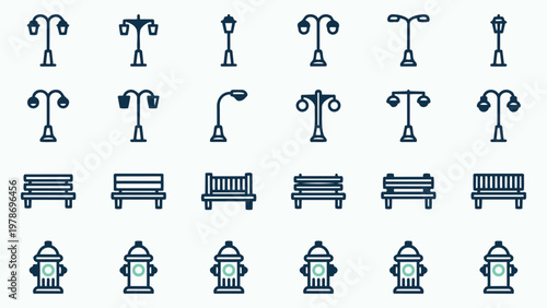 Collection of Urban Infrastructure Icons with Street Lamps Benches and Fire Hydrants