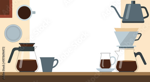 Vector illustration of a modern coffee bar featuring a gooseneck kettle, dripper, glass carafes, and mugs on a sleek wooden countertop.