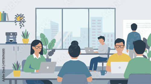 Diverse team working on laptops in modern office workspace with city view