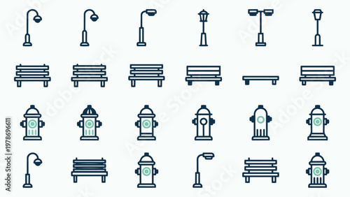 Assorted Street Furniture and Utility Icons Including Lamps Benches and Hydrants