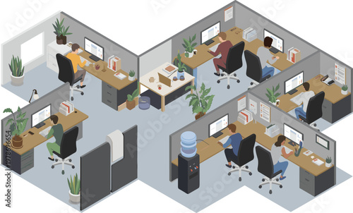 Isometric modern office workspace with employees working at desks in open plan layout