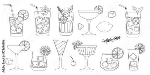 A colorful illustration of various cocktails and drinks with garnishes are arranged on a table.