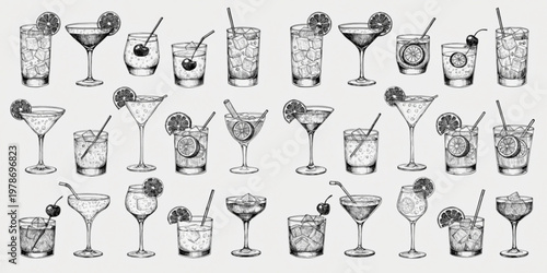 Diverse Collection of Refreshing Cocktails and Mixed Drinks on a Textured Background, Presented in Various Glassware