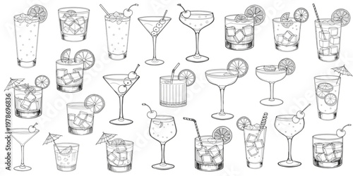 Stylish hand-drawn vector collection depicting a diverse array of classic and contemporary cocktails and refreshing drinks, suitable for graphic design, menu creation, and beverage branding