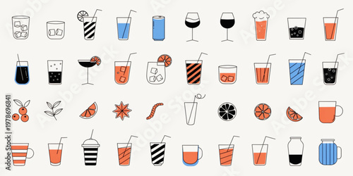 Collection of Refreshing Beverages, Fruit Juices, and Alcoholic Drinks with Vibrant Colors and Various Glassware