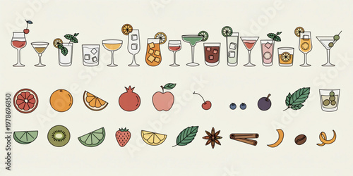 A vibrant collection of colorful cocktails, fresh fruits, and aromatic spices, perfect for culinary inspiration and graphic design