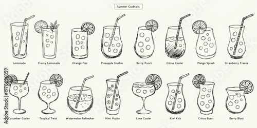 A Hand-Drawn Collection of Refreshing Summer Drinks for a Perfect Getaway