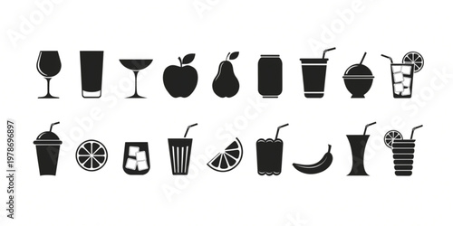 A collection of various drink and beverage icons, including glasses, cups, fruit, and a soda can