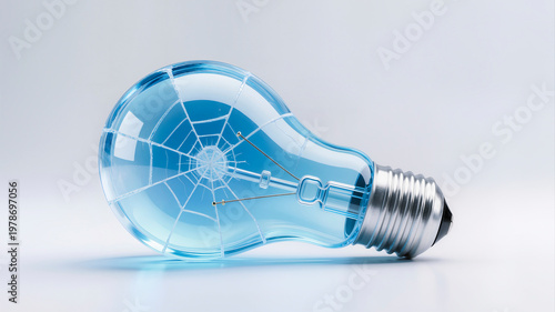 Blue glass light bulb with white cracks forming a spider web pattern inside lying on a clean white surface
