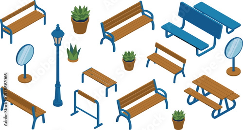 Isometric park furniture set with benches, street lamp, plants and picnic table