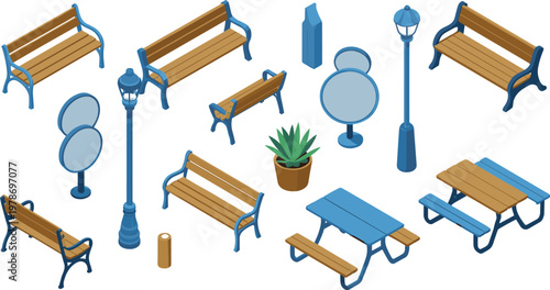 Isometric park furniture and street elements set with benches, lamps and picnic tables
