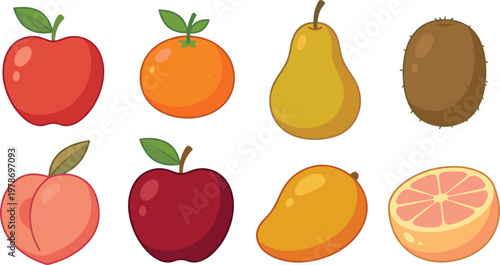 Fresh Fruit Collection with Colorful Apple, Orange, Pear, Peach, Kiwi, Mango, and Grapefruit Vector Illustrations