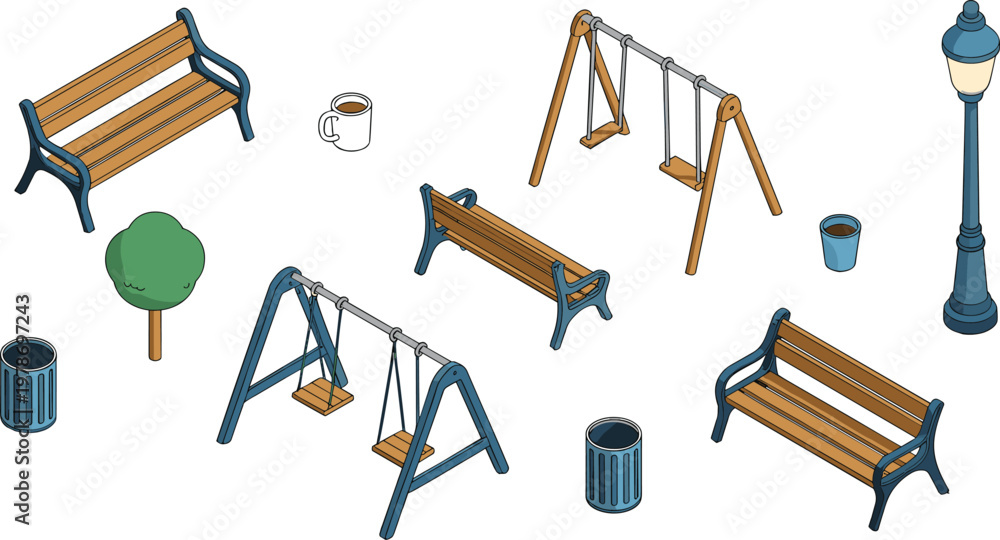 Fototapeta premium Isometric playground and park elements set with benches, swings and street lamp