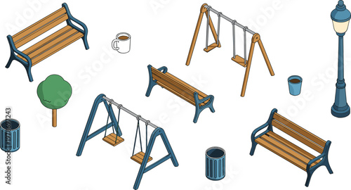 Isometric playground and park elements set with benches, swings and street lamp