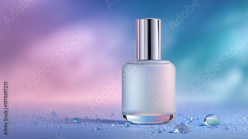 Premium frosted glass serum bottle with silver cap covered in water droplets on a purple and blue gradient background with splashes. Concept for luxury skin care advertising