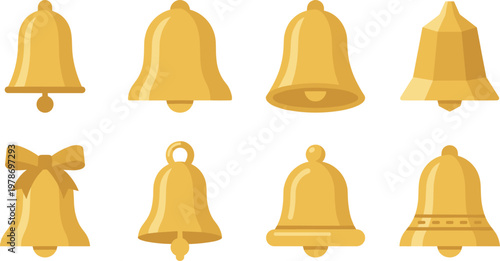 Set of golden bells in various shapes and styles, decorative ringing symbols collection in flat vector illustration for holiday and celebration design