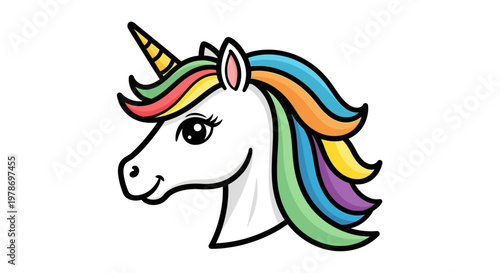 Colorful cartoon unicorn head illustration.