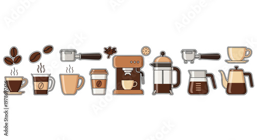 An illustrative collection of various coffee brewing methods and related accessories displayed in a linear arrangement
