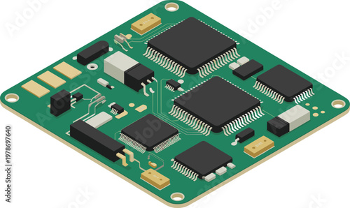 Isometric printed circuit board with microchips electronic components vector illustration for technology design